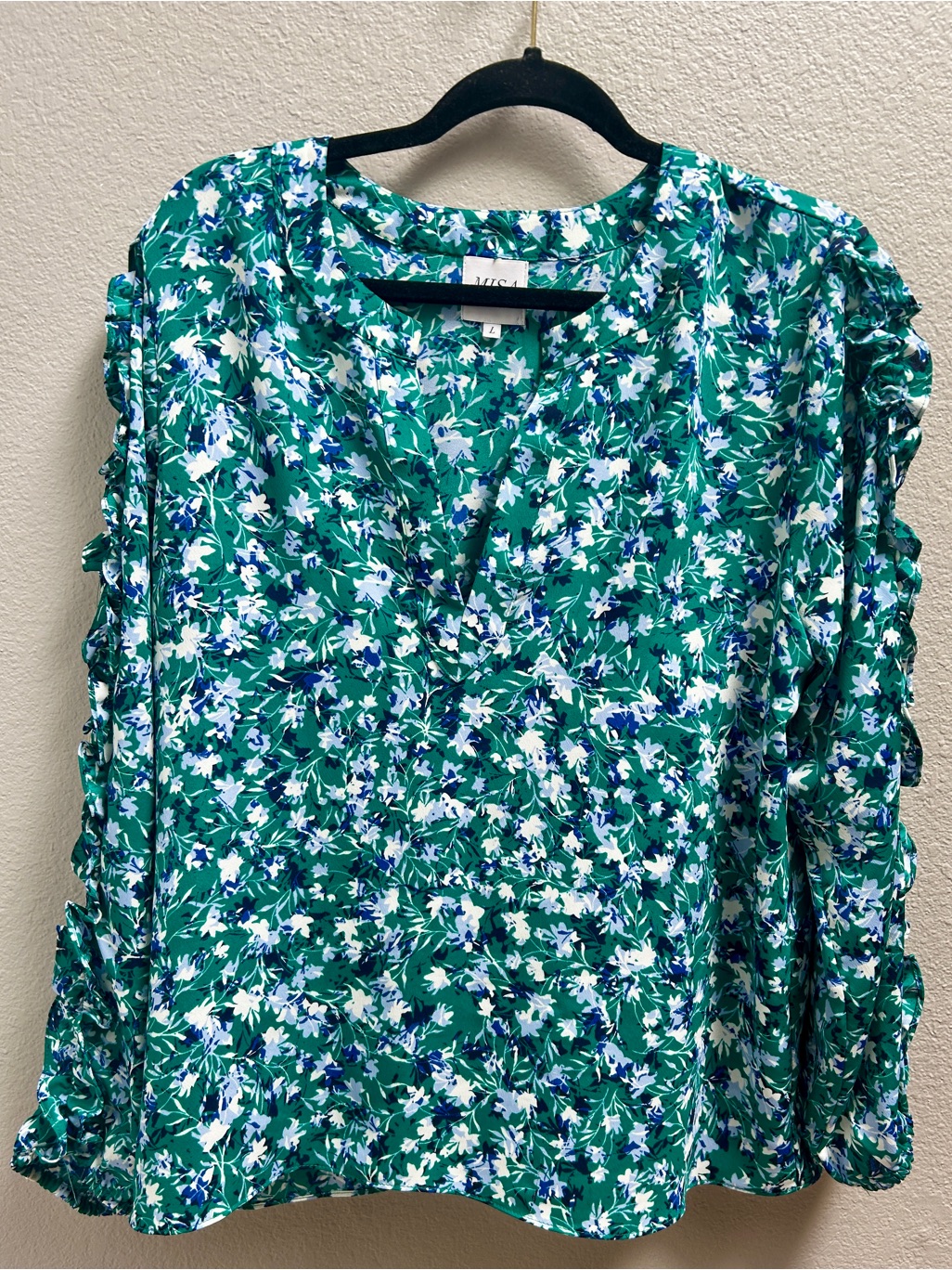 Misa La Long Sleeve Peasant Top Blouse Blue Green Floral Ruffle Sleeve Size L
